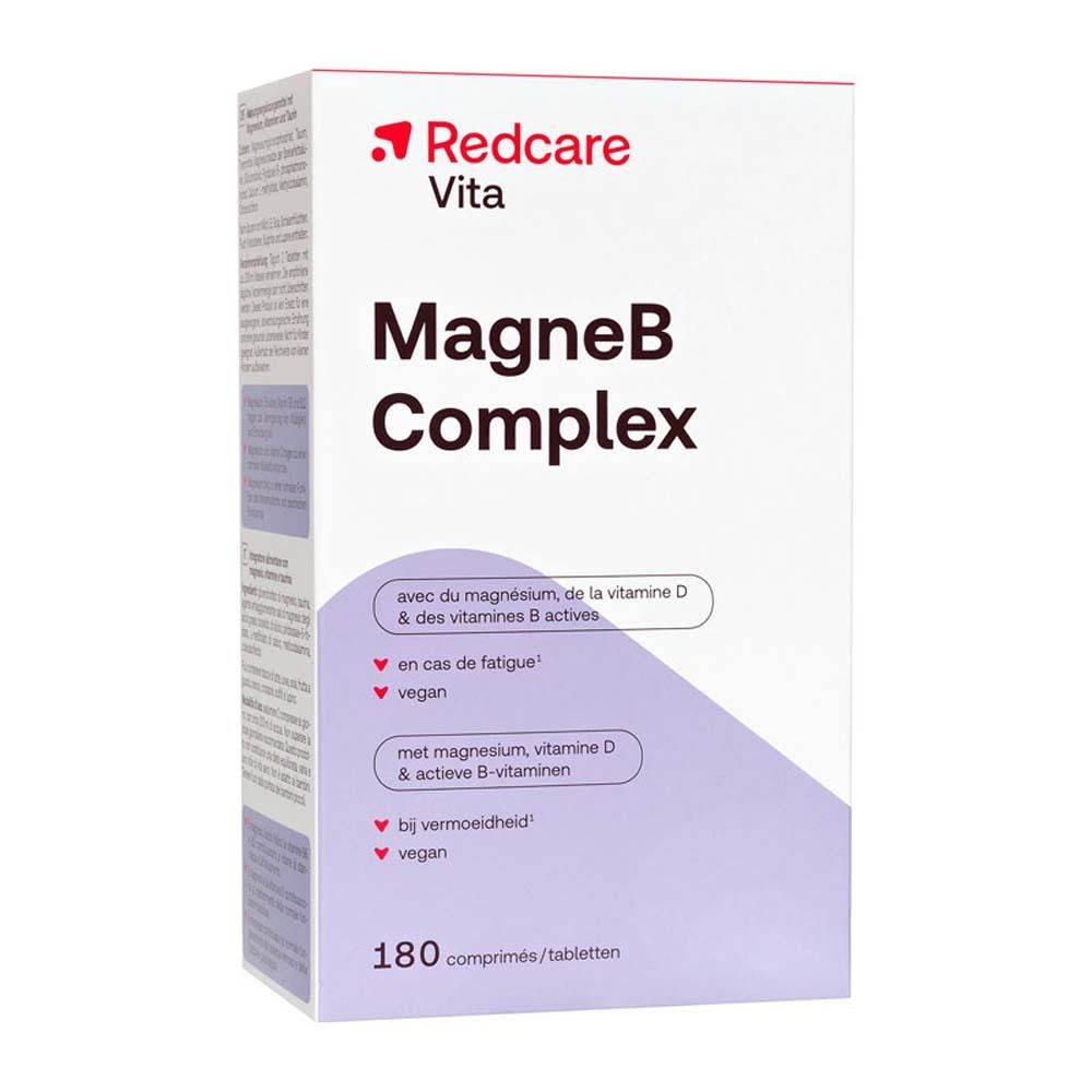 Schachtel mit Redcare Vita MagneB Complex. Aufschrift: MagneB Complex, 180 Tabletten. Vegan.