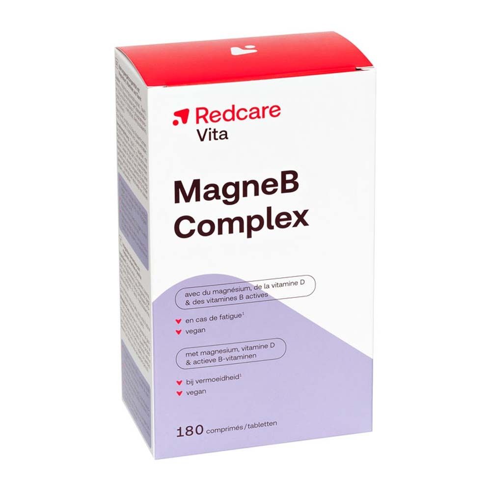 Schachtel mit Redcare Vita MagneB Complex. Aufschrift: MagneB Complex, 180 Tabletten. Vegan.