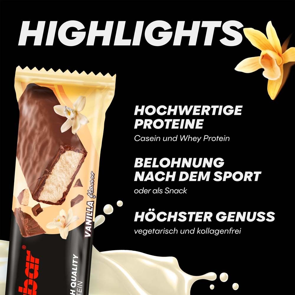 POWERBAR® Protein+ Riegel, Vanille-Geschmack. Text: „HIGHLIGHTS“ und „HOCHWERTIGE PROTEINE“ sowie „BELOHNUNG NACH DEM SPORT“.