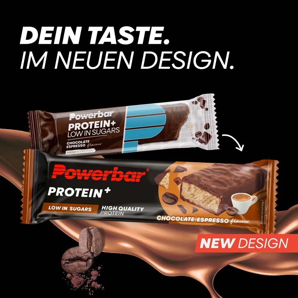 Zwei Powerbar Protein+ Riegel. Schwarze Verpackung mit Logo und Produktbild. Text: "NEUES DESIGN".