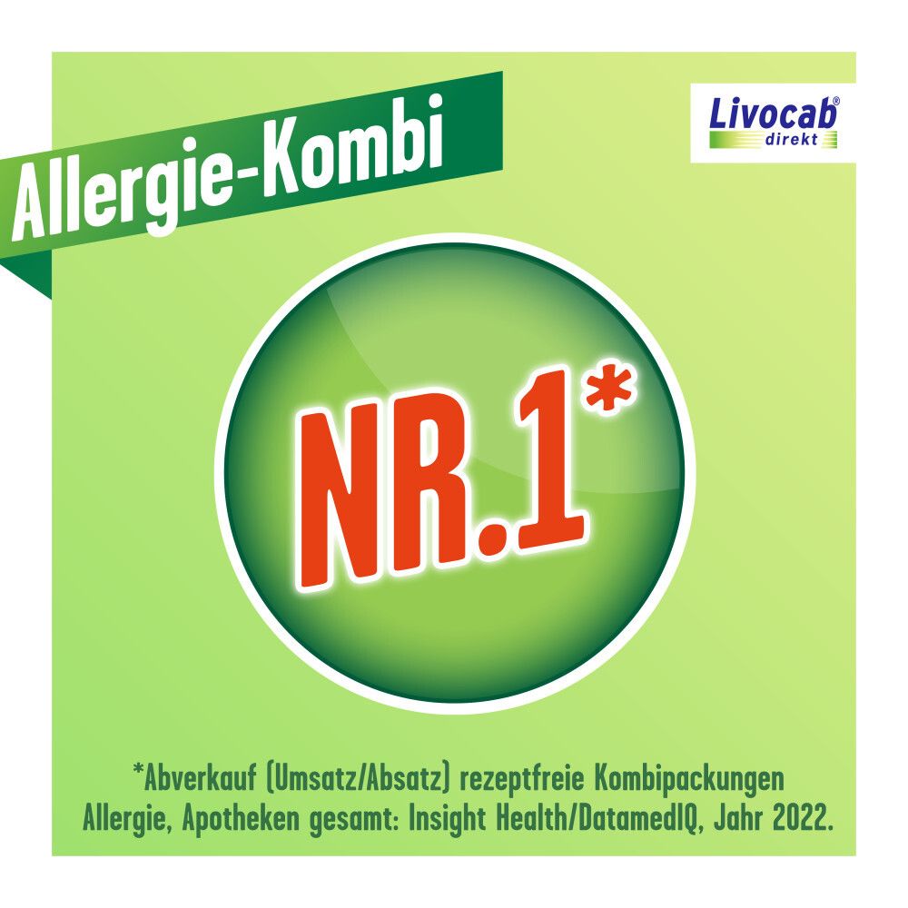 Grüner Kreis mit roter Nummer 1. Text: Nr. 1*.  *Absatz rezeptfreie Kombipackungen Allergie, Apotheken gesamt: Insight Health/DatamedIQ Jahr 2022.