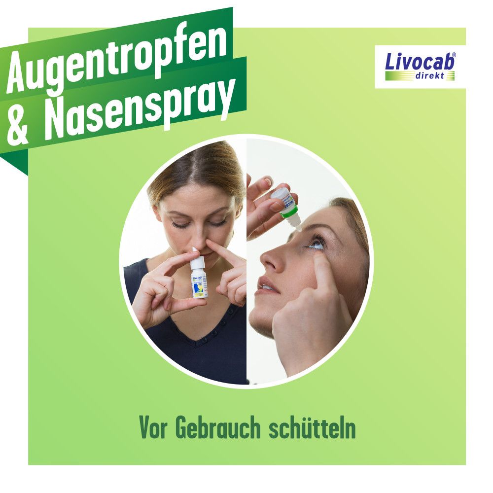 Frau hält Nasenspray und Augentropfen. Text: Augentropfen & Nasenspray. Vor Gebrauch schütteln.