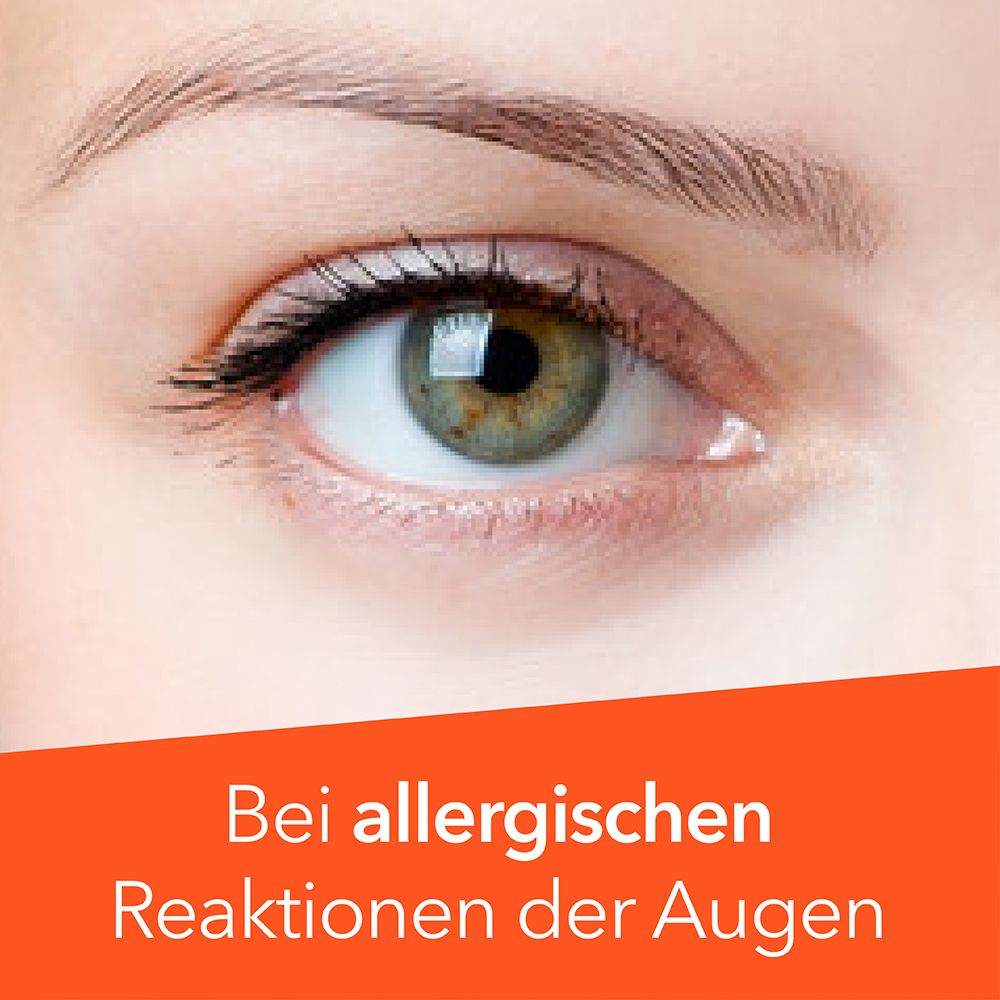 Nahaufnahme eines Auges. Der Text lautet: Bei allergischen Reaktionen der Augen. Orangefarbener Hintergrund.