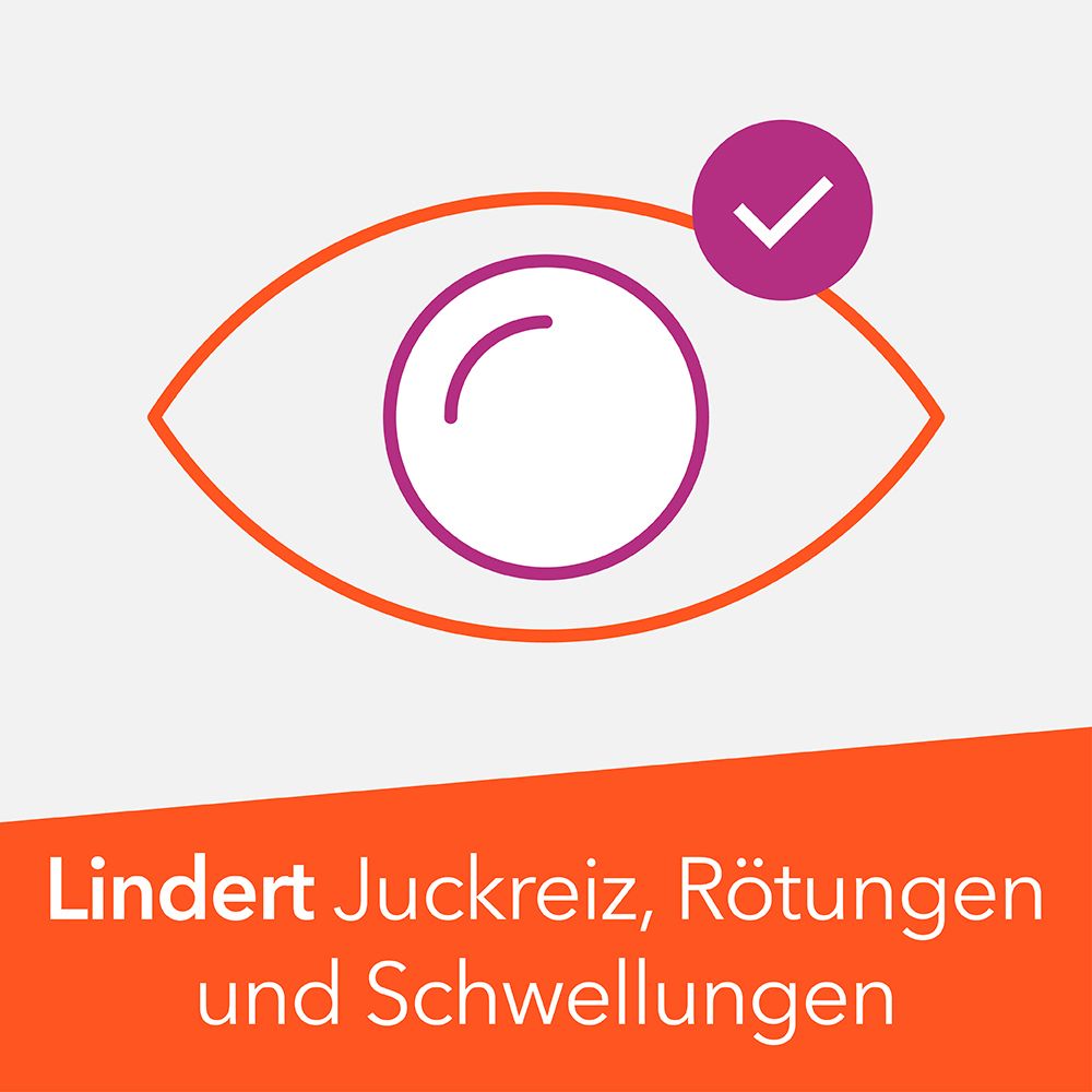 Stilisierte Augen-Illustration mit Häkchen. Text: Lindert Juckreiz, Rötungen und Schwellungen. Orangefarbener Hintergrund.