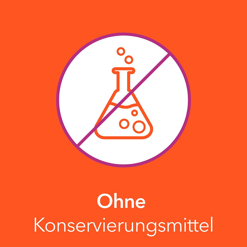 Illustration eines Reagenzglases mit einem durchgestrichenen Symbol. Text: Ohne Konservierungsmittel. Orangefarbener Hintergrund.