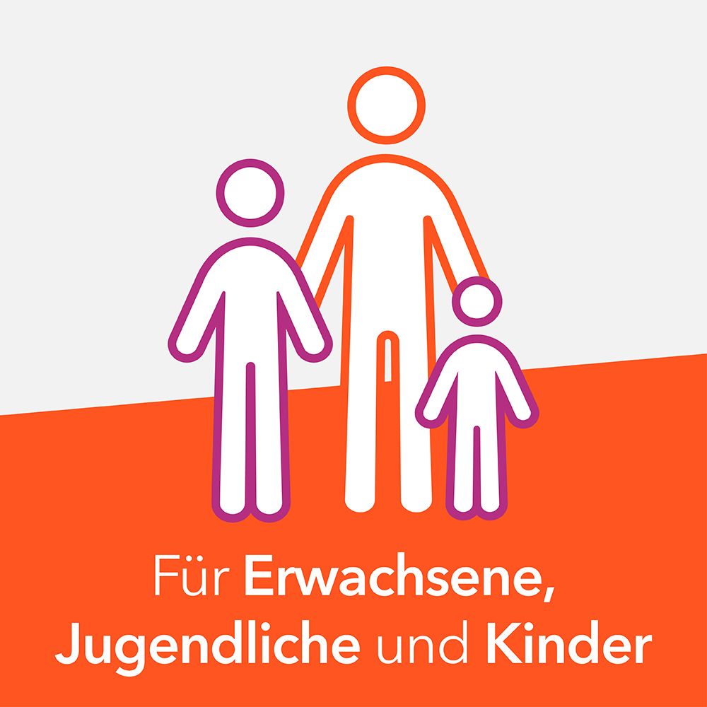 Illustration von Erwachsenen, Jugendlichen und Kindern. Text: Für Erwachsene, Jugendliche und Kinder. Orangefarbener Hintergrund.