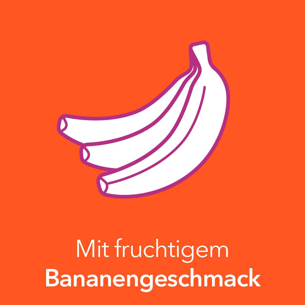 Grafik: Bananen. Text: Mit fruchtigem Bananengeschmack. Hintergrund orange.