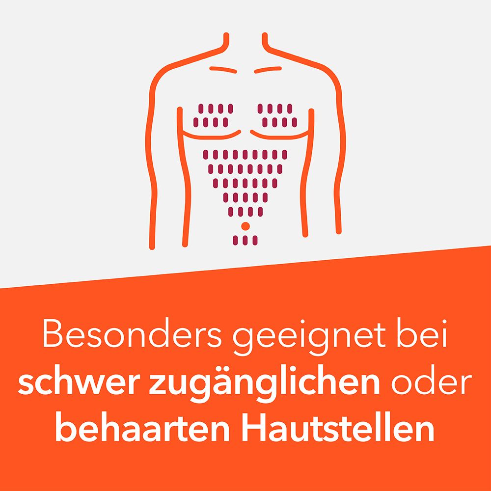 Stilisierte Figur. Text: Besonders geeignet bei schwer zugänglichen oder behaarten Hautstellen. Orangefarbener Hintergrund.