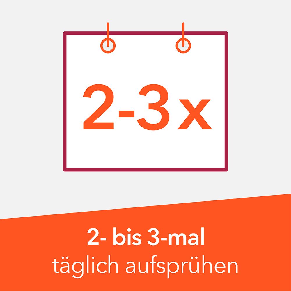 Kalender-Symbol mit Text: 2-3x täglich aufsprühen. Orangefarbener Hintergrund.