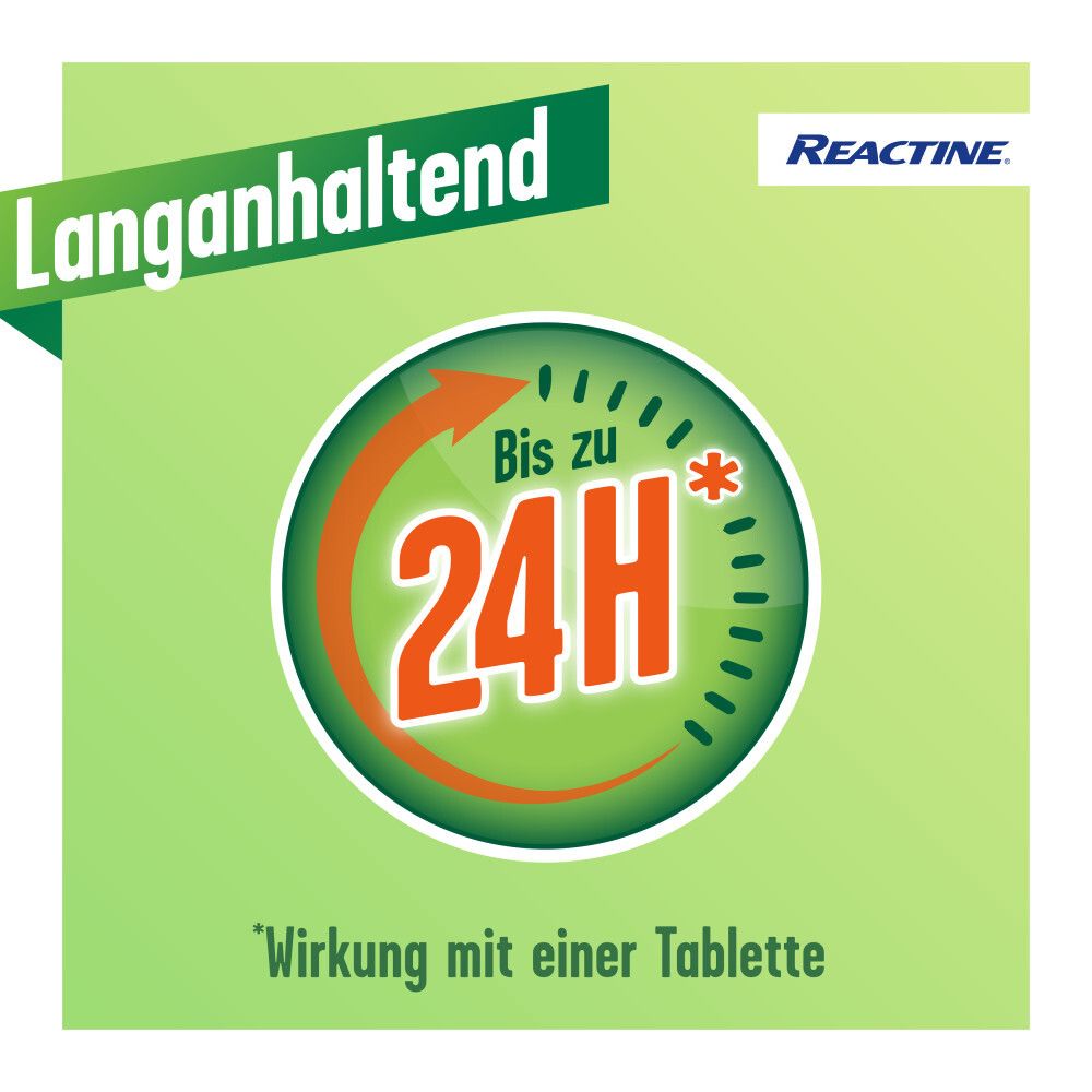 Grüner Hintergrund mit Pfeil und Text: Bis zu 24H. Wirkung mit einer Tablette.