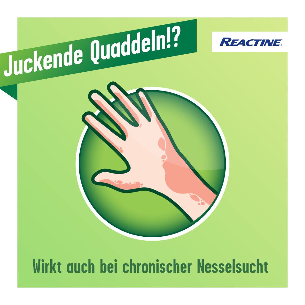 Grüner Hintergrund mit Hand und Hautausschlag. Text: Wirkt auch bei chronischer Nesselsucht.