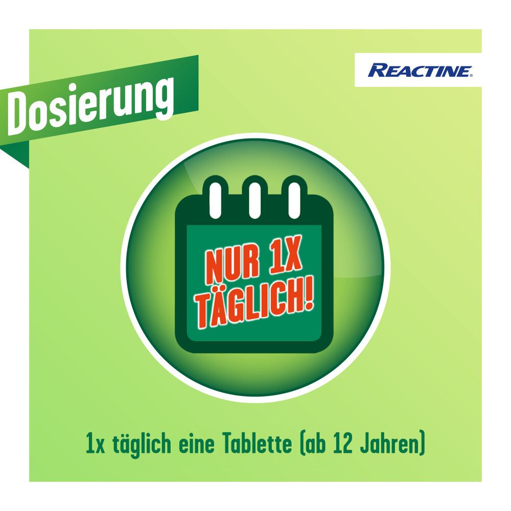 Grüner Hintergrund mit Kalendersymbol. Text: 1x täglich eine Tablette (ab 12 Jahren).