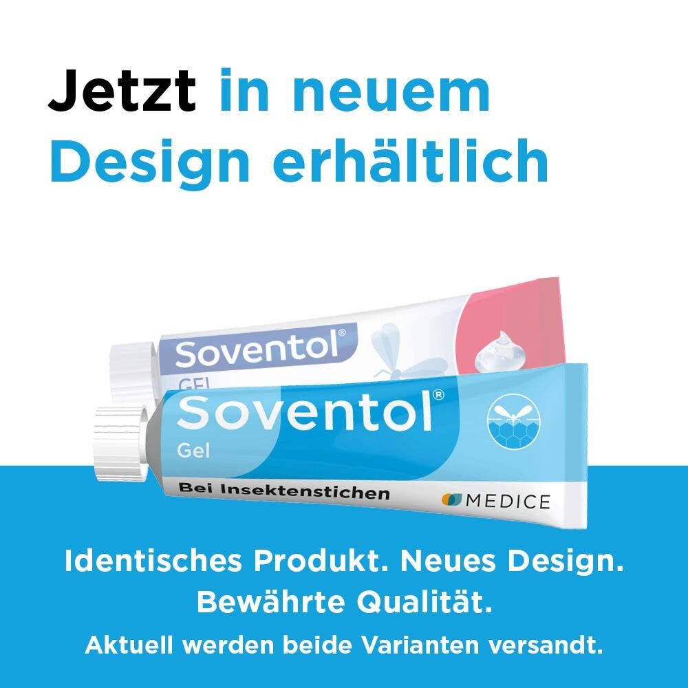 Zwei Tuben Gel, eine blau, eine rot. Aufschrift: Soventol Gel. Text: Jetzt in neuem Design erhältlich.