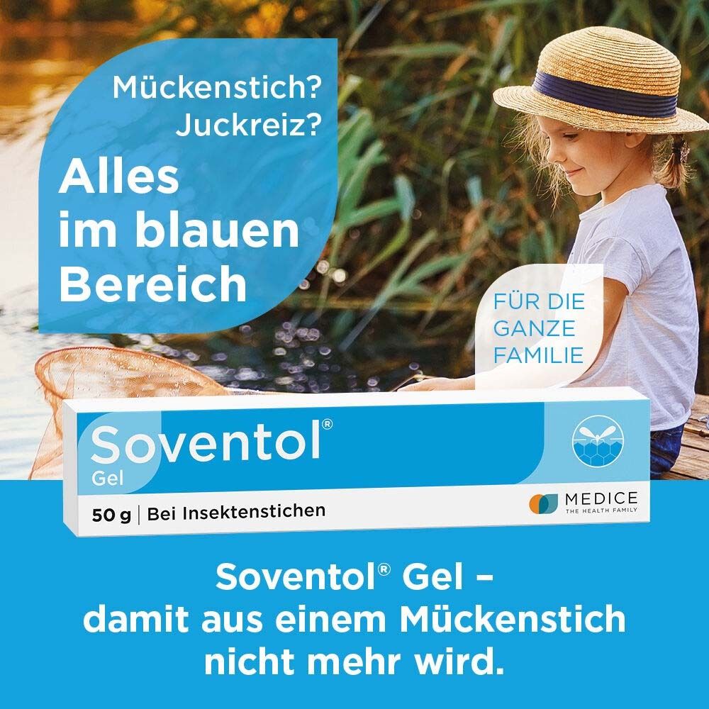 Kind mit Hut am See. Blaue Textfelder mit Text. Tube Gel mit Aufschrift: Soventol Gel. 50g Bei Insektenstichen.