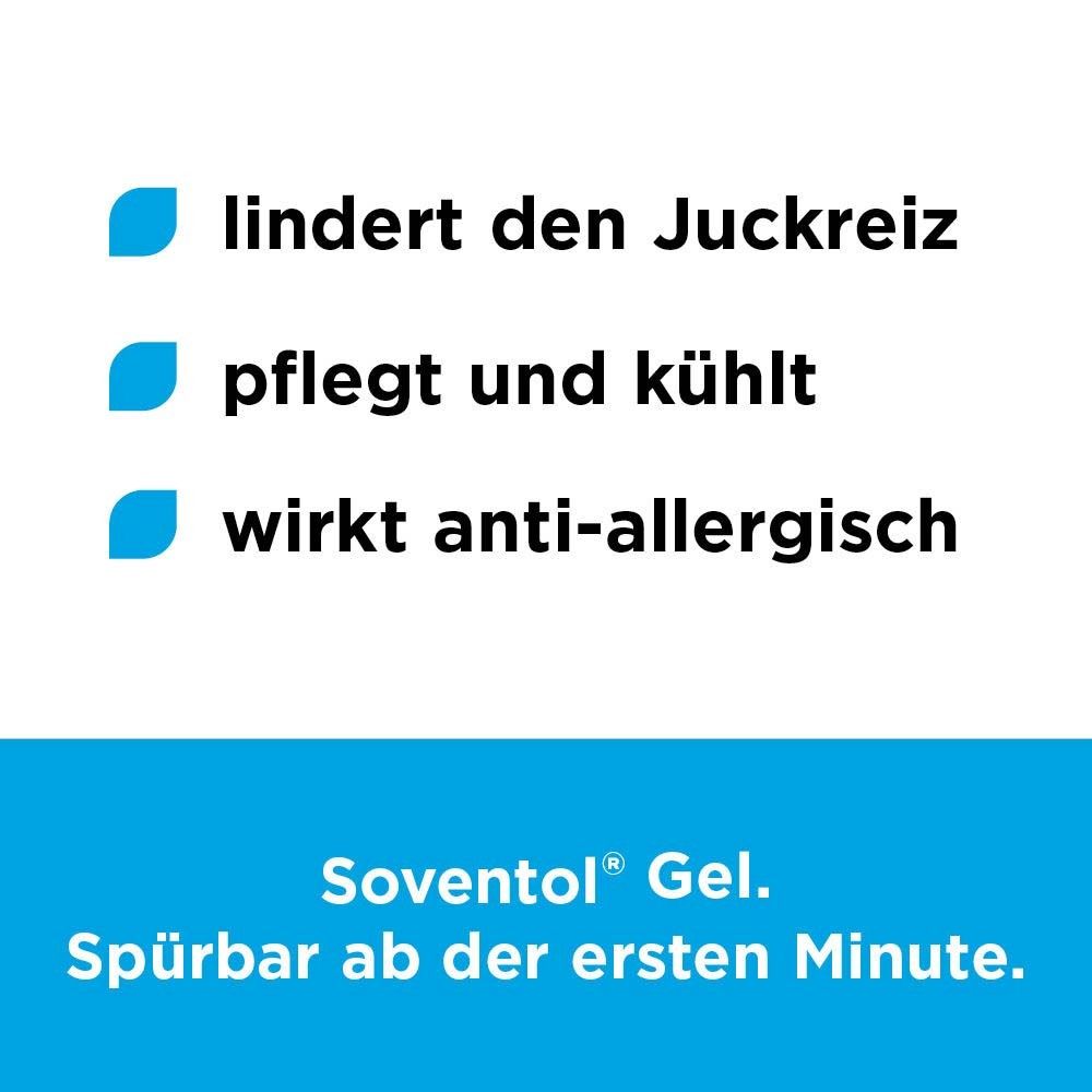 Drei blaue Punkte mit Text: lindert den Juckreiz, pflegt und kühlt, wirkt anti-allergisch. Text: Soventol Gel.