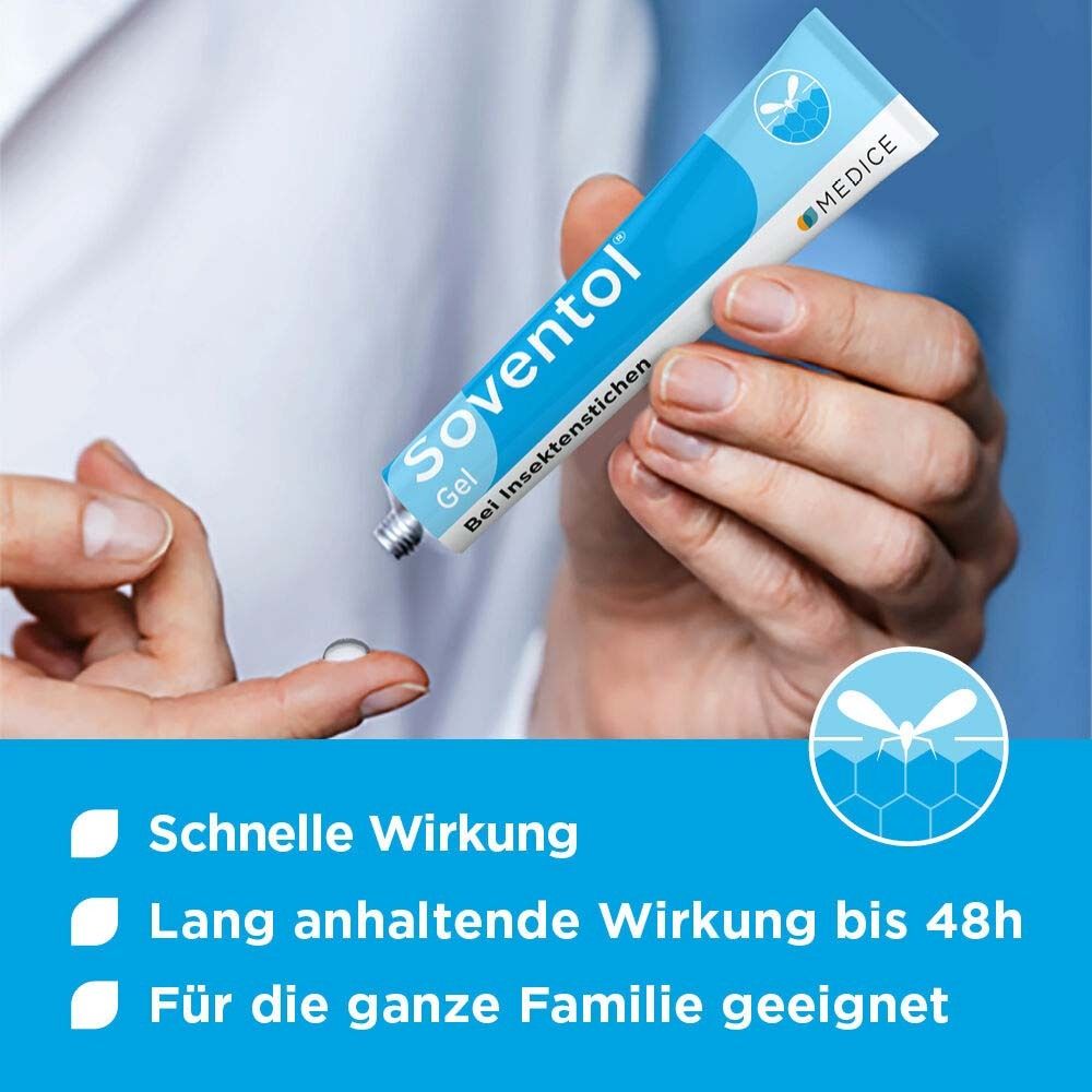 Hand hält Tube Gel. Aufschrift: Soventol Gel. Drei blaue Punkte mit Text. Text: Schnelle Wirkung, bis 48h.