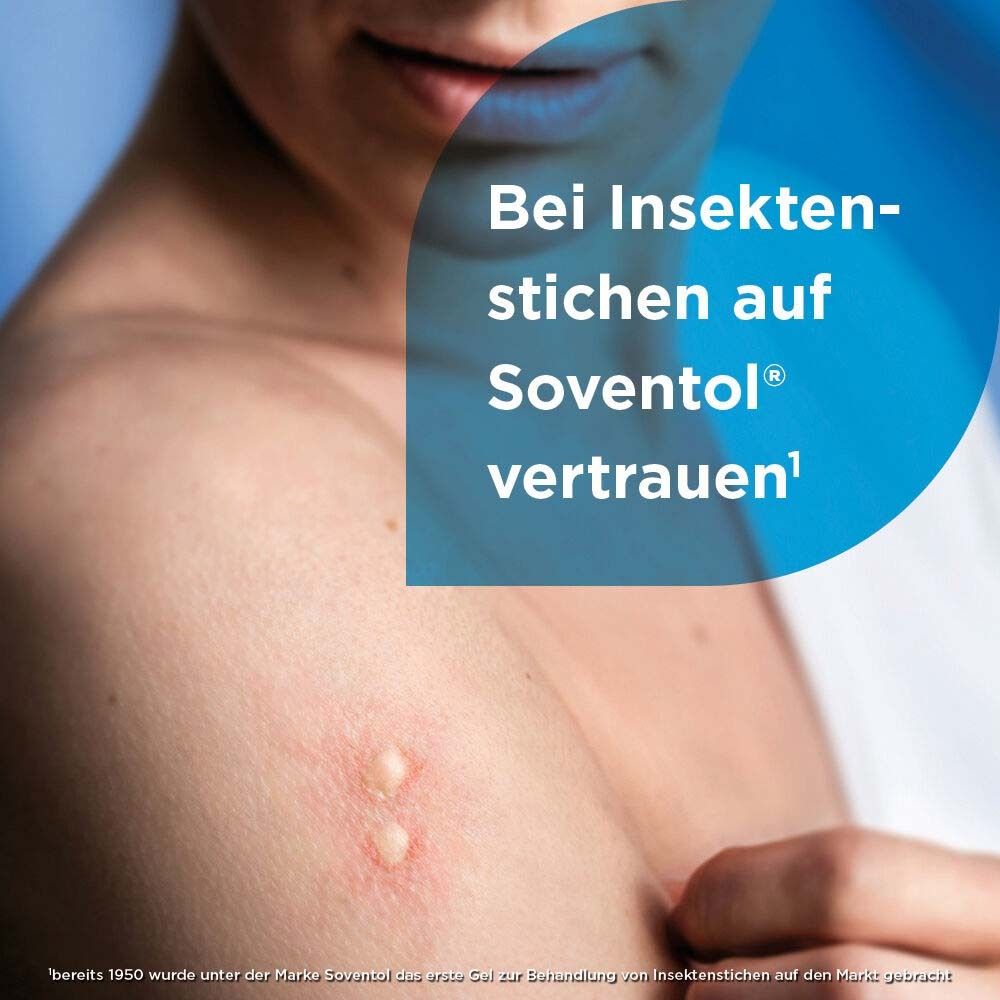 Person mit Insektenstichen am Arm. Text: Bei Insektenstichen auf Soventol vertrauen.