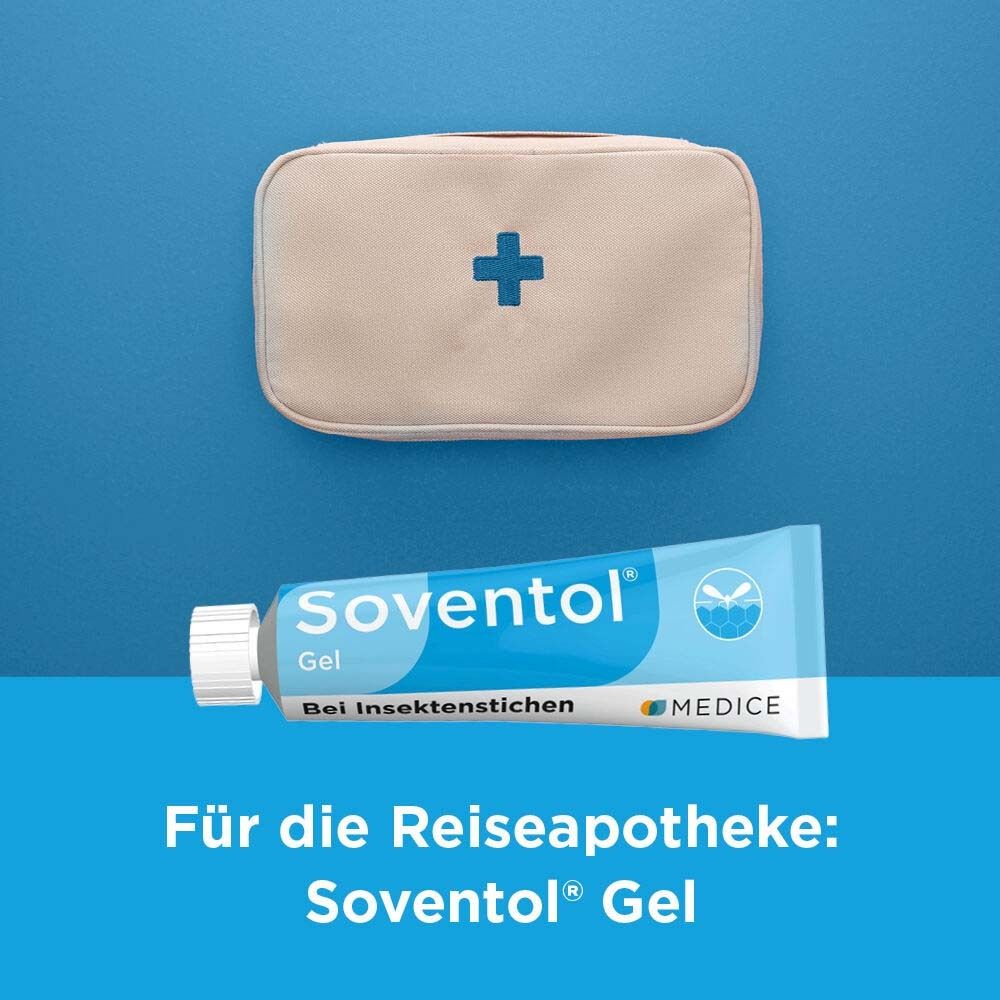 Tube Gel neben einer Erste-Hilfe-Tasche. Aufschrift: Soventol Gel. Text: Für die Reiseapotheke: Soventol Gel.
