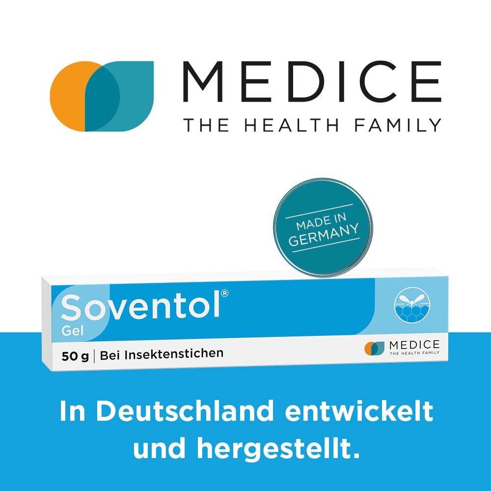 Tube Gel und Logo. Aufschrift: Soventol Gel. 50g Bei Insektenstichen. Text: In Deutschland entwickelt und hergestellt.