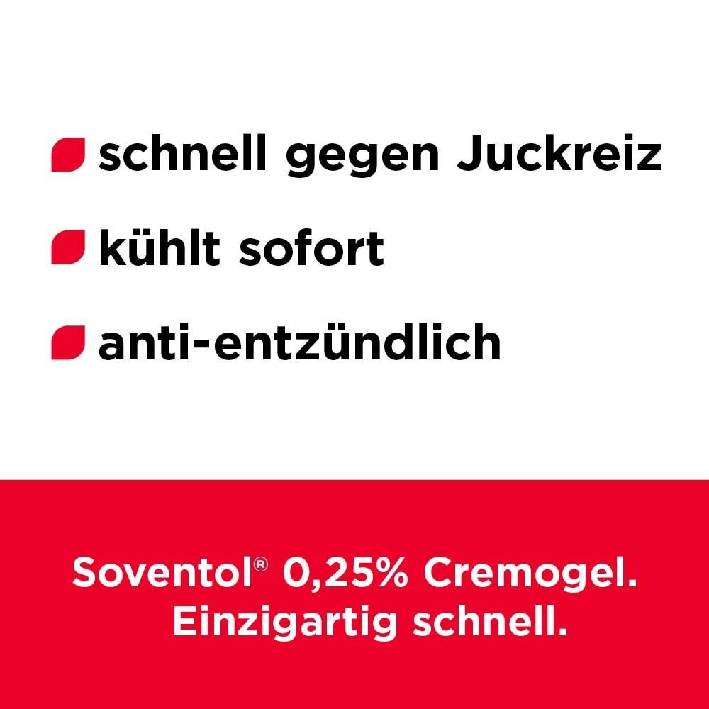 Text: schnell gegen Juckreiz, kühlt sofort, anti-entzündlich. Text: Soventol 0,25% Cremegel. Einzigartig schnell.