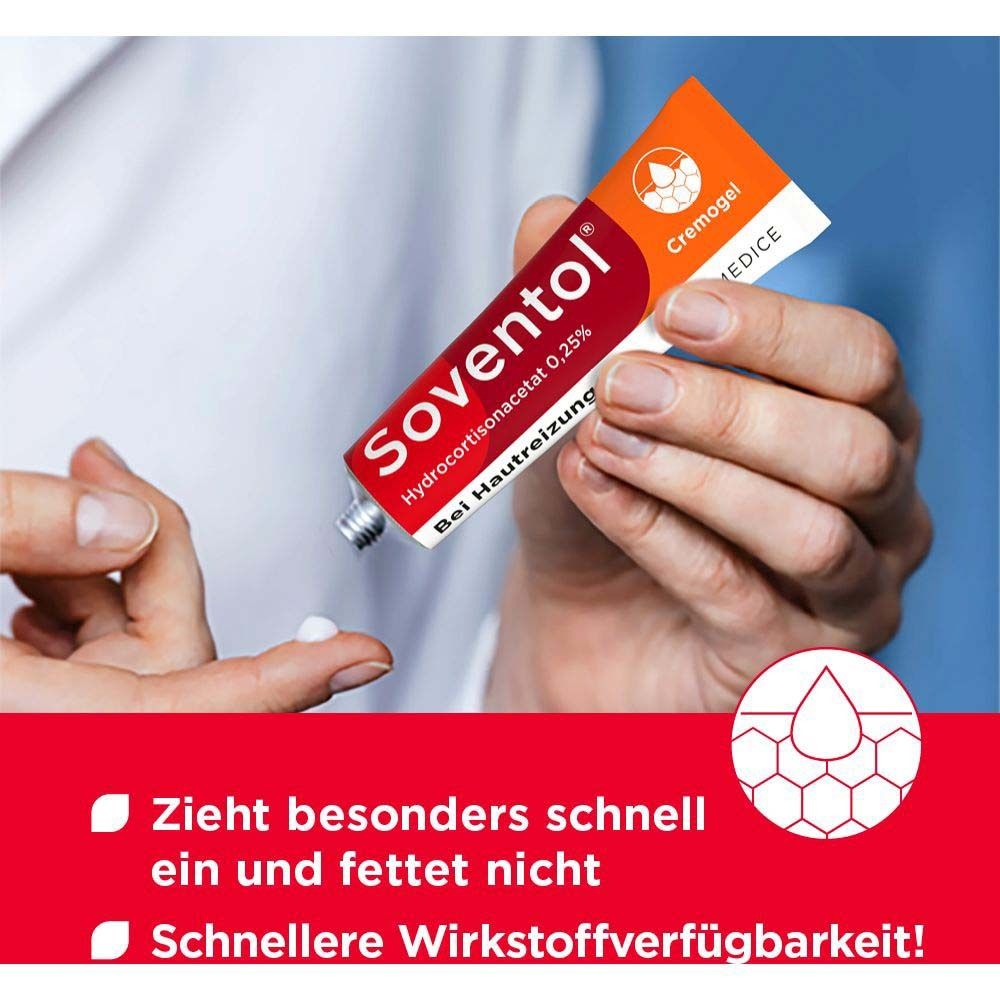Hand drückt Soventol Cremegel aus der Tube. Text: Zieht besonders schnell ein und fettet nicht. Schnellere Wirkstoffverfügbarkeit!