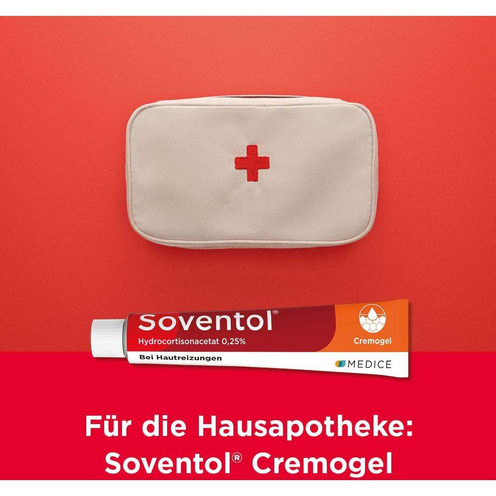 Erste-Hilfe-Kasten und Tube Soventol Cremegel. Text: Für die Hausapotheke: Soventol Cremegel.