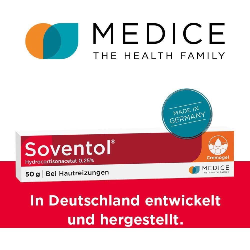 Tube Soventol Cremegel. Text: In Deutschland entwickelt und hergestellt. Logo: MEDICE THE HEALTH FAMILY.