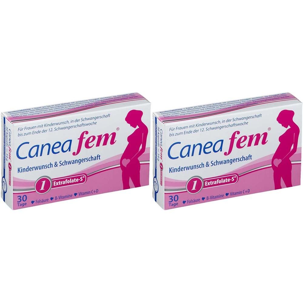 Zwei rechteckige Schachteln mit „Canea fem“ Aufschrift. Rosa Design mit Umriss einer schwangeren Frau. 30 Tabletten.
