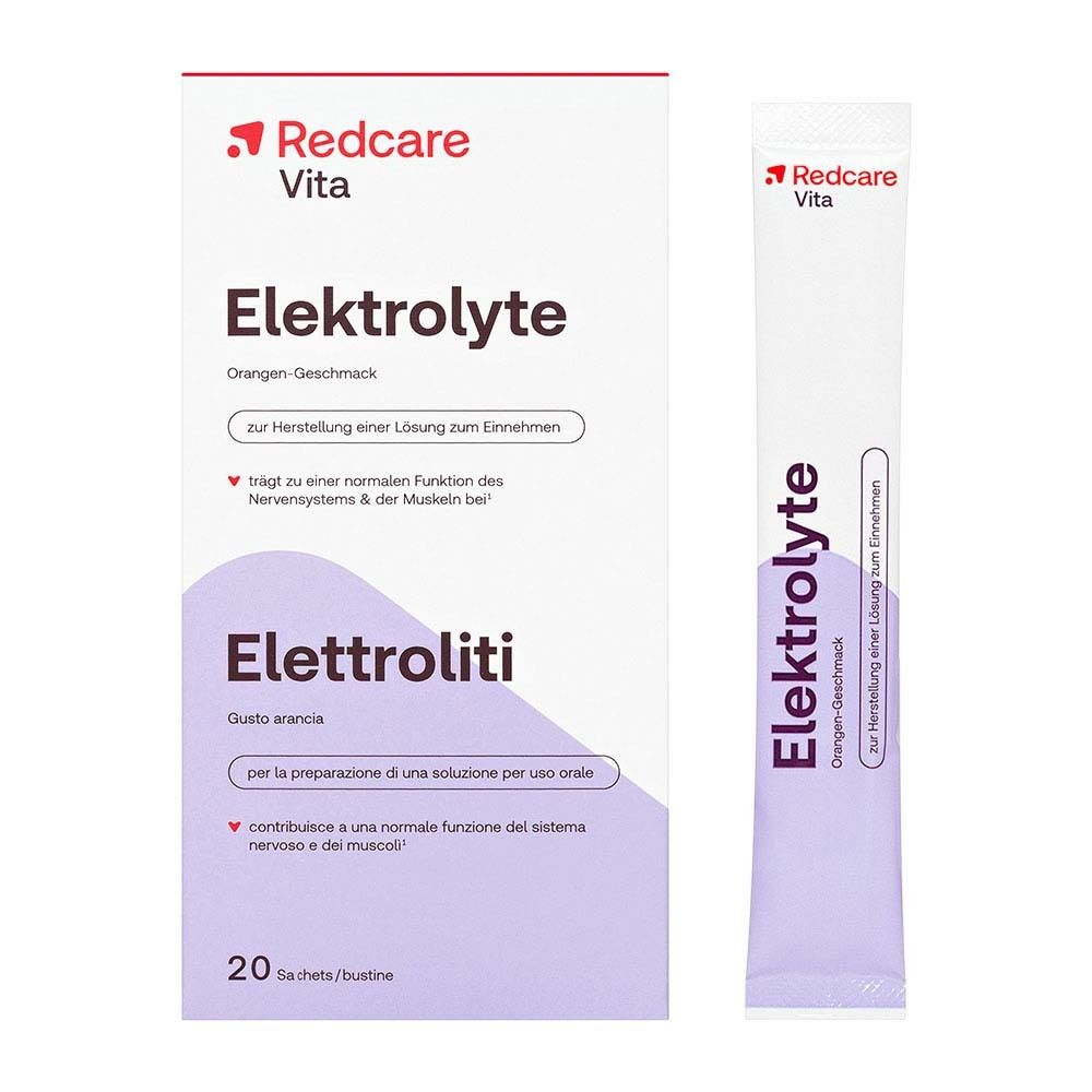 Redcare Elektrolyte Packung und Einzelbeutel. Aufschrift: Elektrolyte, Orangengeschmack. 20 Sachets/bustine.