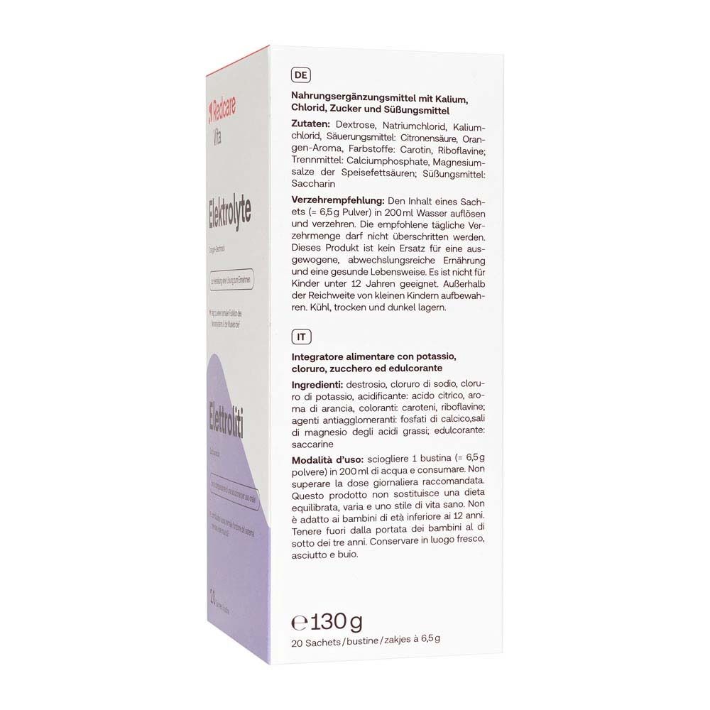 Rückseite der Redcare Elektrolyte Packung. Enthält Informationen zu Inhaltsstoffen und Nährwerten.