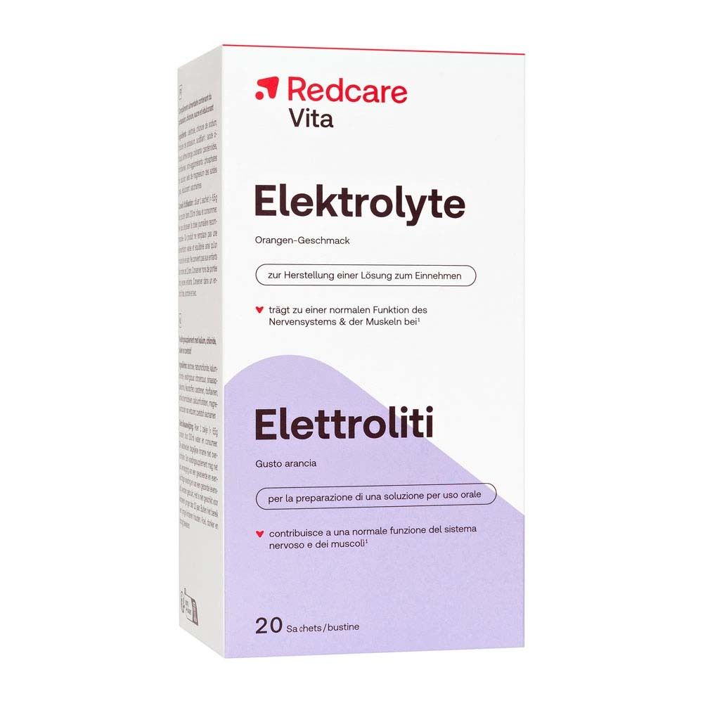 Redcare Elektrolyte Packung. Aufschrift: Elektrolyte, Orangengeschmack. 20 Sachets/bustine.