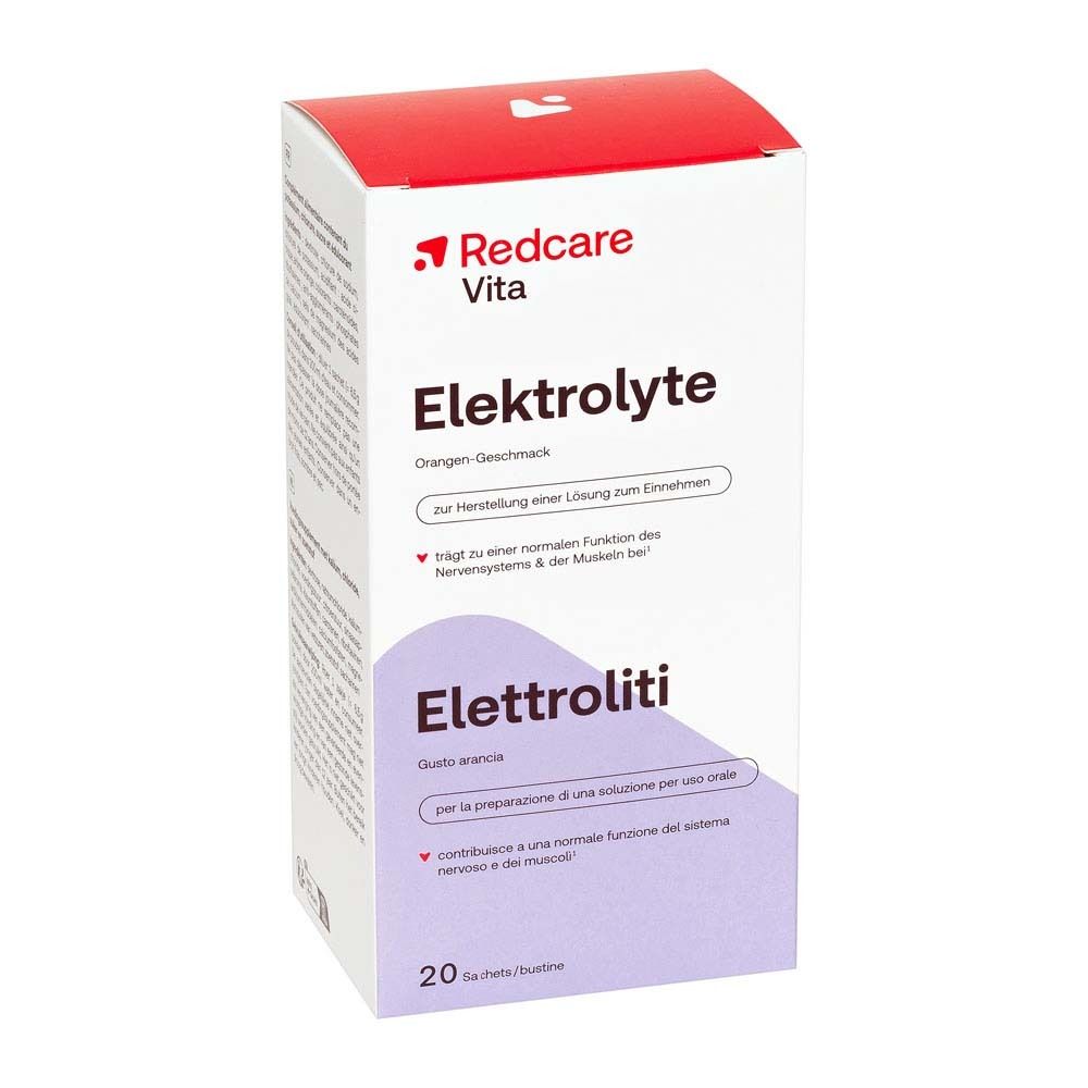 Redcare Elektrolyte Packung. Aufschrift: Elektrolyte, Orangengeschmack. 20 Sachets/bustine.