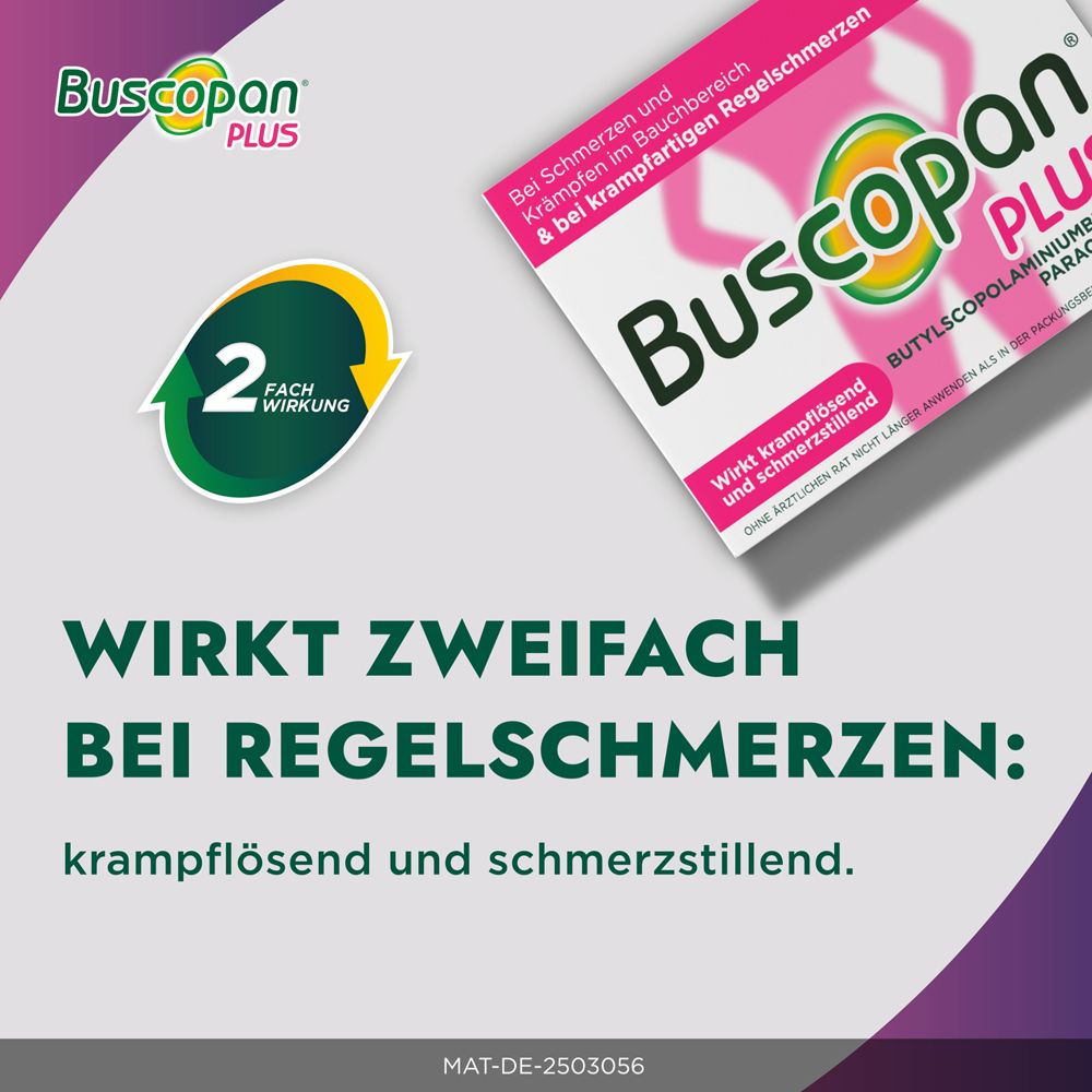 Buscopan PLUS-Verpackung. Text: Wirkt zweifach bei Regelschmerzen: krampflösend und schmerzstillend. Logo: 2-fach Wirkung.