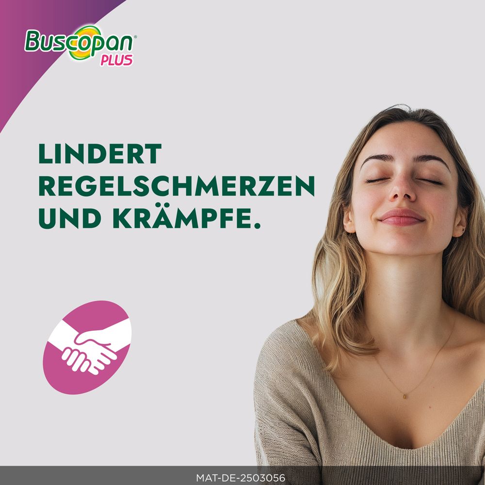 Frau mit geschlossenen Augen. Text: Lindert Regelschmerzen und Krämpfe. Logo: Händedruck.