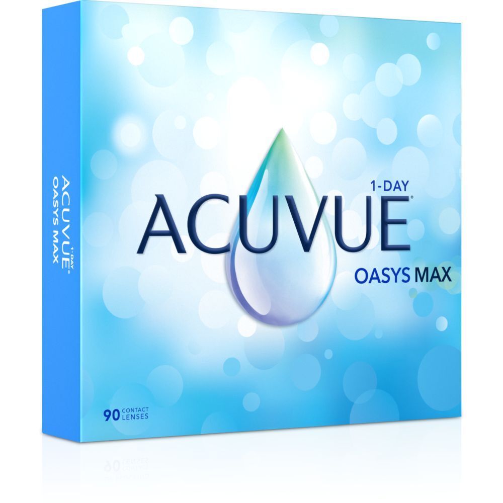Blaue Box von ACUVUE OASYS MAX 1-Day Kontaktlinsen. Produktname und Tropfen-Design. 90 Linsen. Seitenansicht.