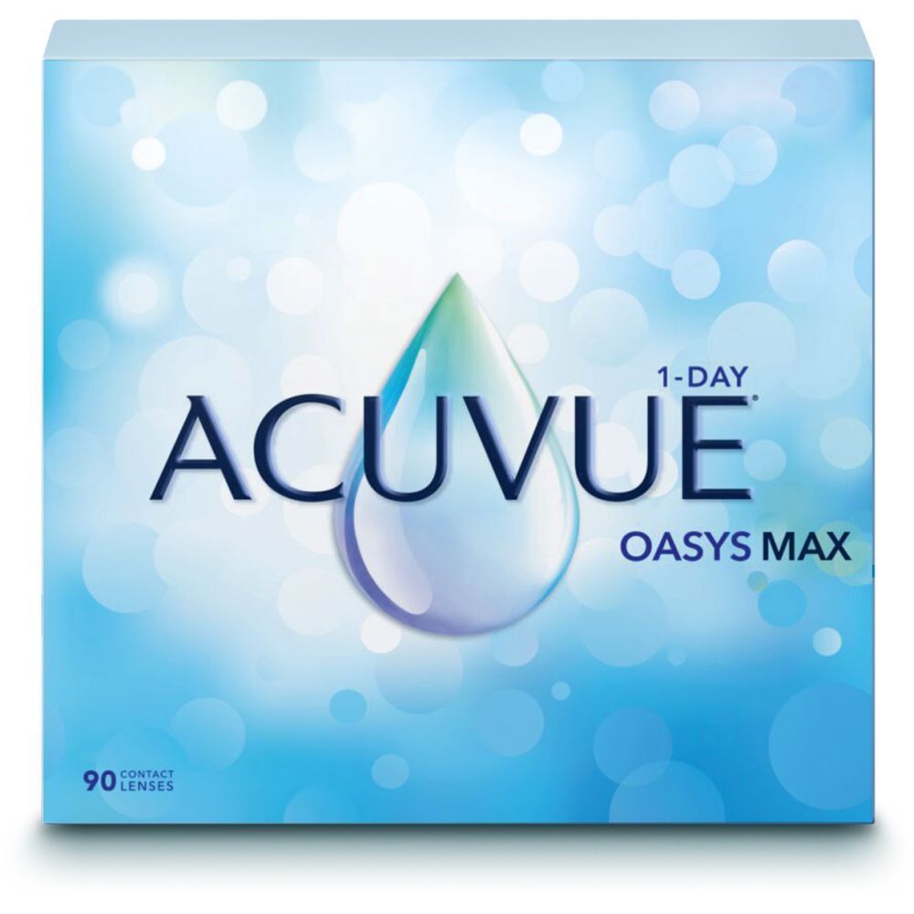 Verpackung von ACUVUE OASYS MAX 1-DAY Kontaktlinsen. 90 Linsen, blaue und weiße Farbgebung mit Wassertropfen-Design.