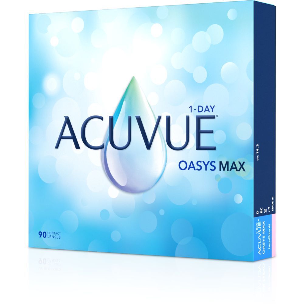 ACUVUE OASYS MAX 1-DAY Kontaktlinsen-Verpackung. Blaue Schachtel mit Produktnamen und Tropfen-Design. 90 Linsen. Schräge Ansicht.