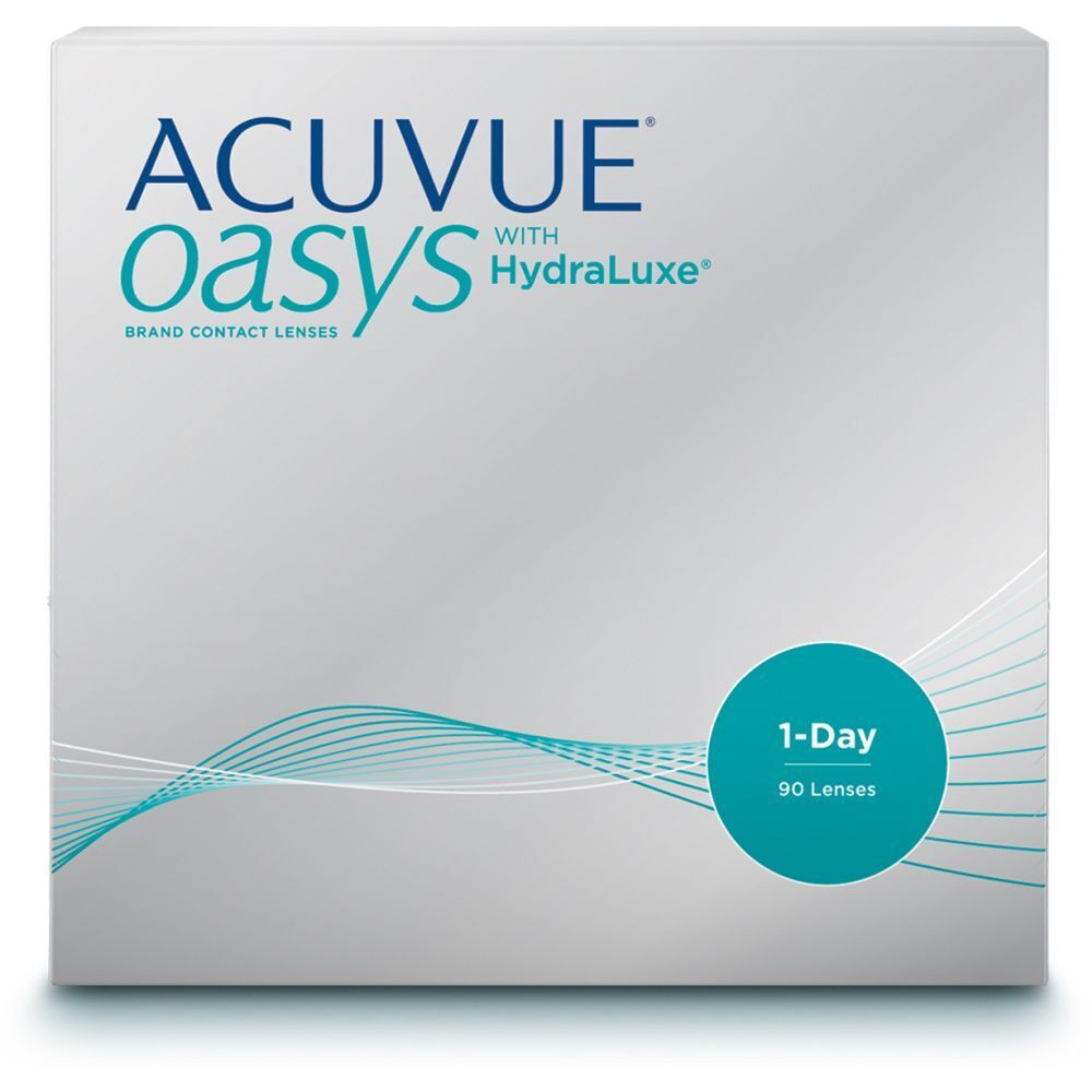 Acuvue Oasys Kontaktlinsen-Box. 1-Day, 90 Linsen. Mit Hydraluxe. Blaue Wellen auf grauem Hintergrund. Weißer Karton.