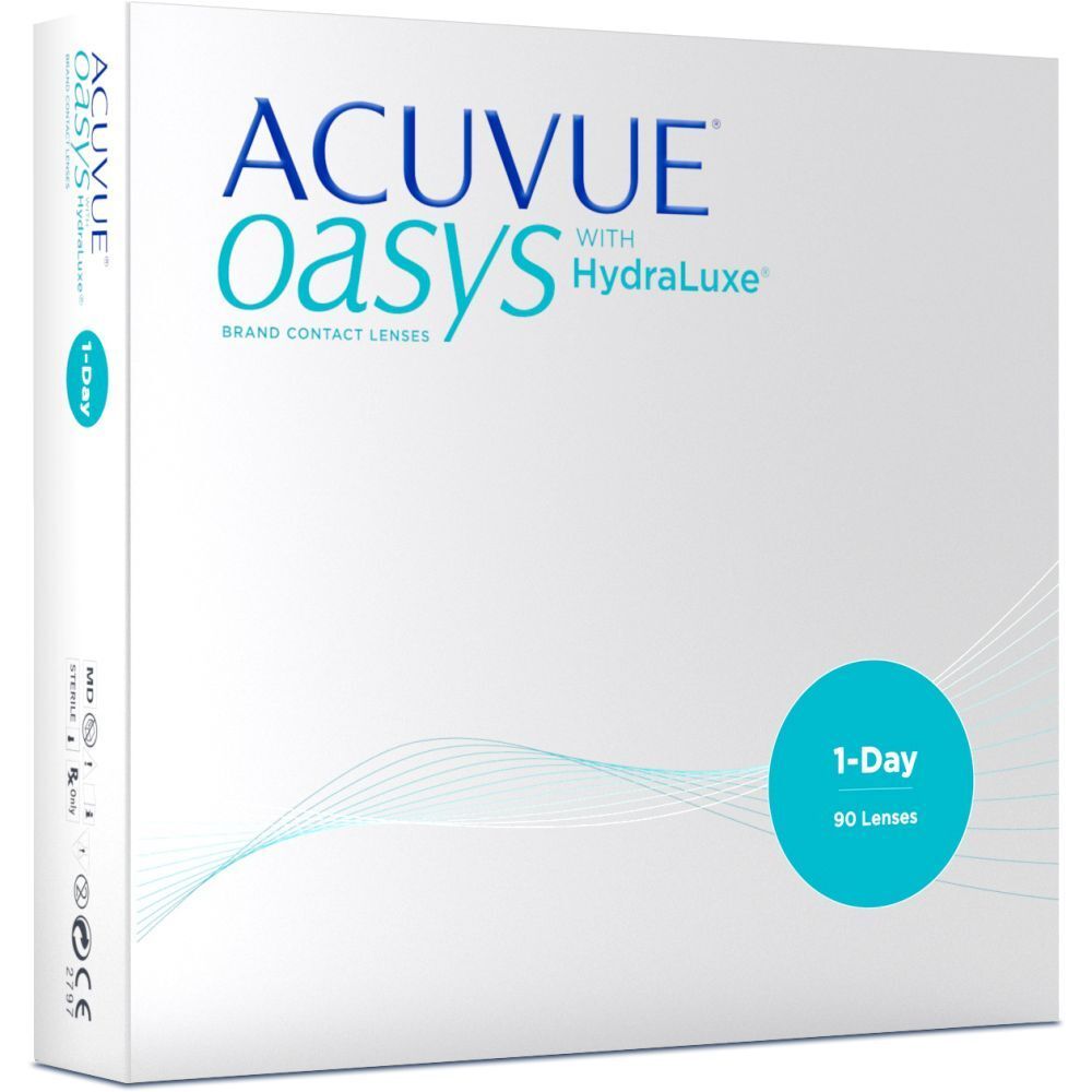 Acuvue Oasys Kontaktlinsen-Box. 1-Day, 90 Linsen. Mit Hydraluxe. Blaue Wellen. Weißer Karton mit blauer Kreis.
