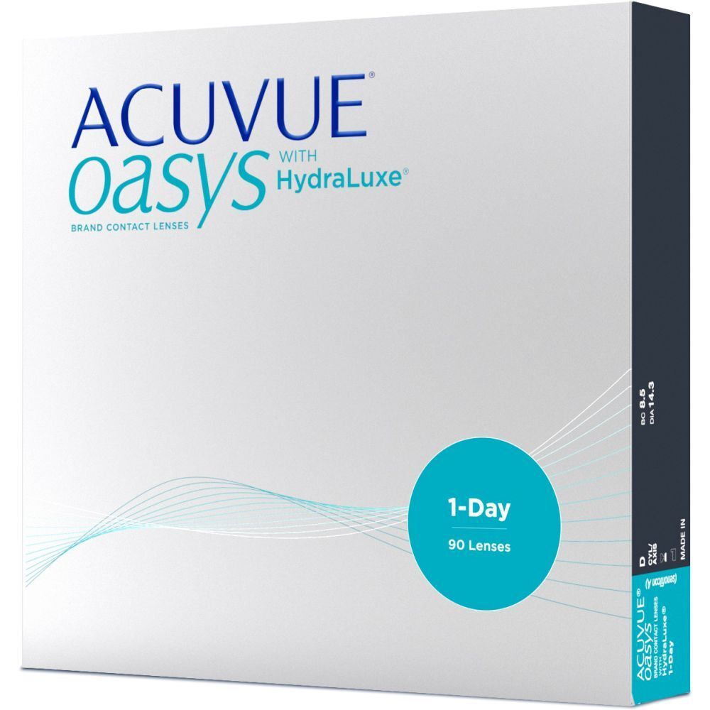 Acuvue Oasys Kontaktlinsen-Box. 1-Day, 90 Linsen. Mit Hydraluxe. Blaue Wellen. Weißer Karton mit blauer Kreis.