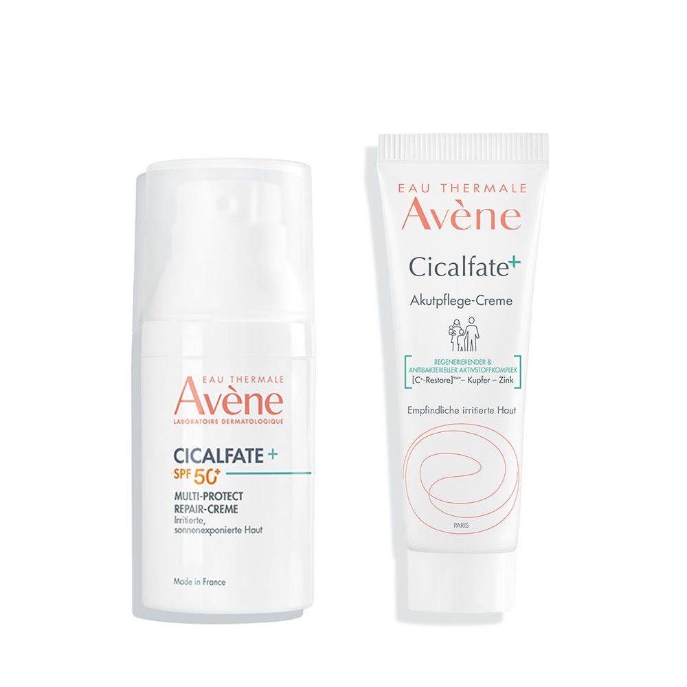 Zwei weiße Tuben und Flaschen. Aufschrift: Eau Thermale Avène Cicalfate+ Akutpflege-Creme und Cicalfate+ Multi-Protect Repair-Creme SPF 50.