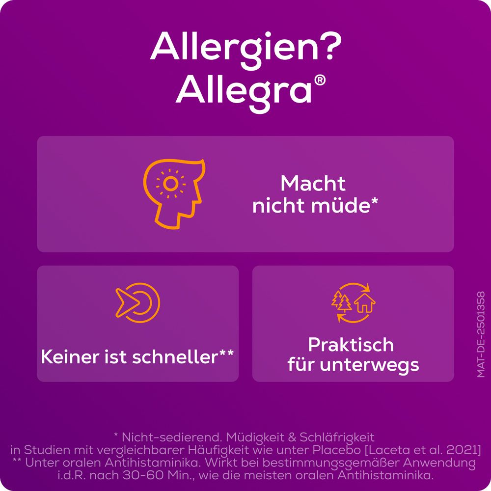 Allegra Schmelztabletten bei Heuschnupfen und ganzjährigen Allergien | Praktisch für unterwegs | Schmelzen auf der Zunge