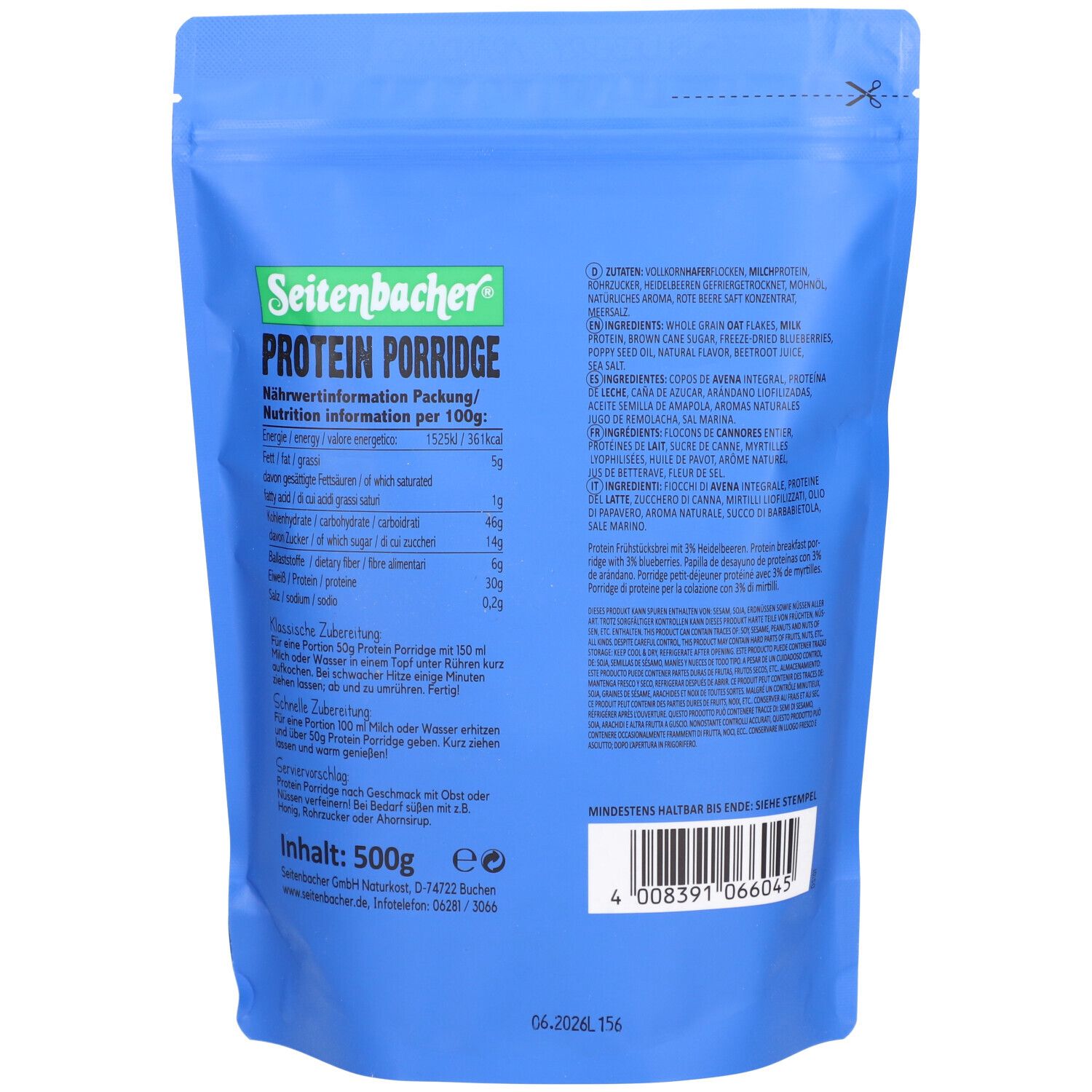 Seitenbacher Protein Porridge Heidelbeere 500 g