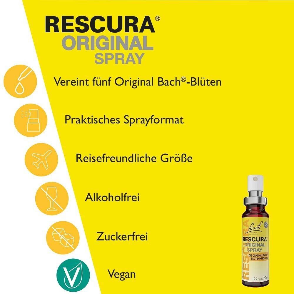 Gelber Hintergrund mit Produktmerkmalen. Text: Vereint fünf Original Bach-Blüten, praktisches Sprayformat, alkoholfrei, vegan.