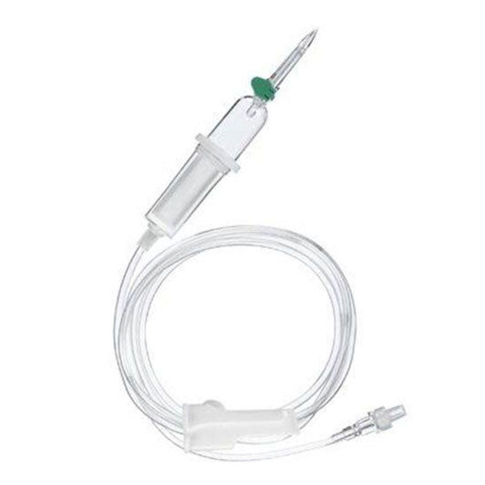 Infusionsbesteck mit Tropfkammer, Schlauch und Konnektoren. Transparente Materialien. Grüne Kappe.