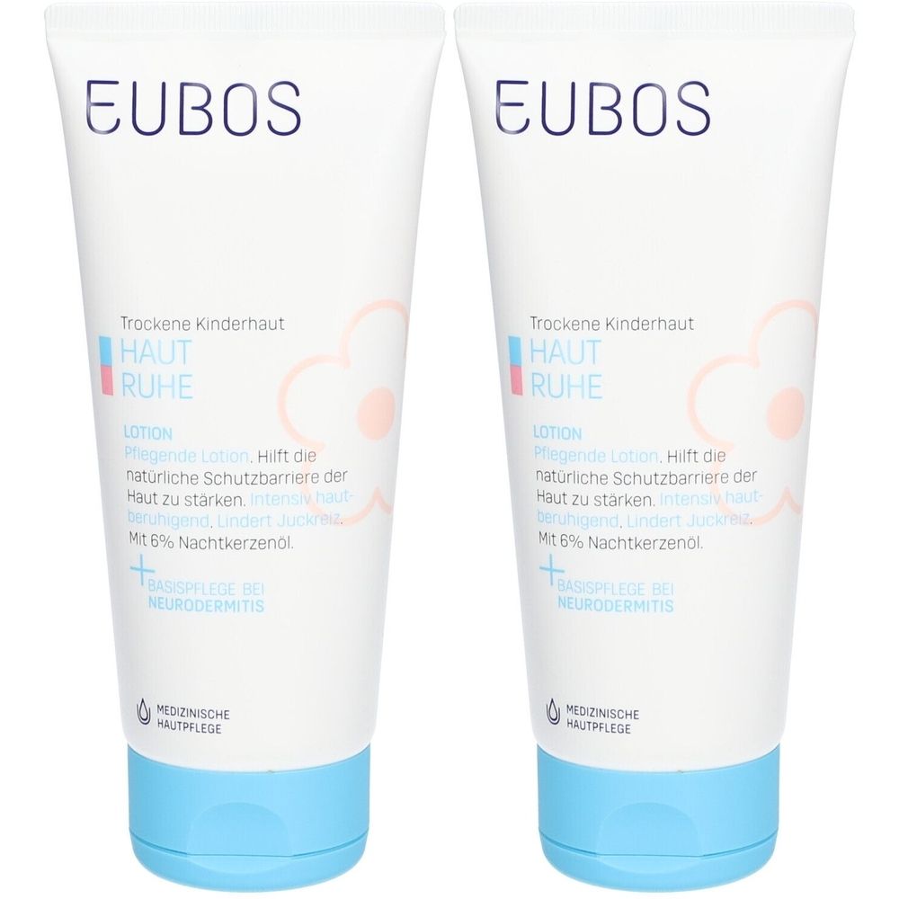 Deux tubes de lotion blancs avec bouchon bleu. Inscription : EUBOS, HAUT RUHE, Lotion. Soin médical de la peau.
