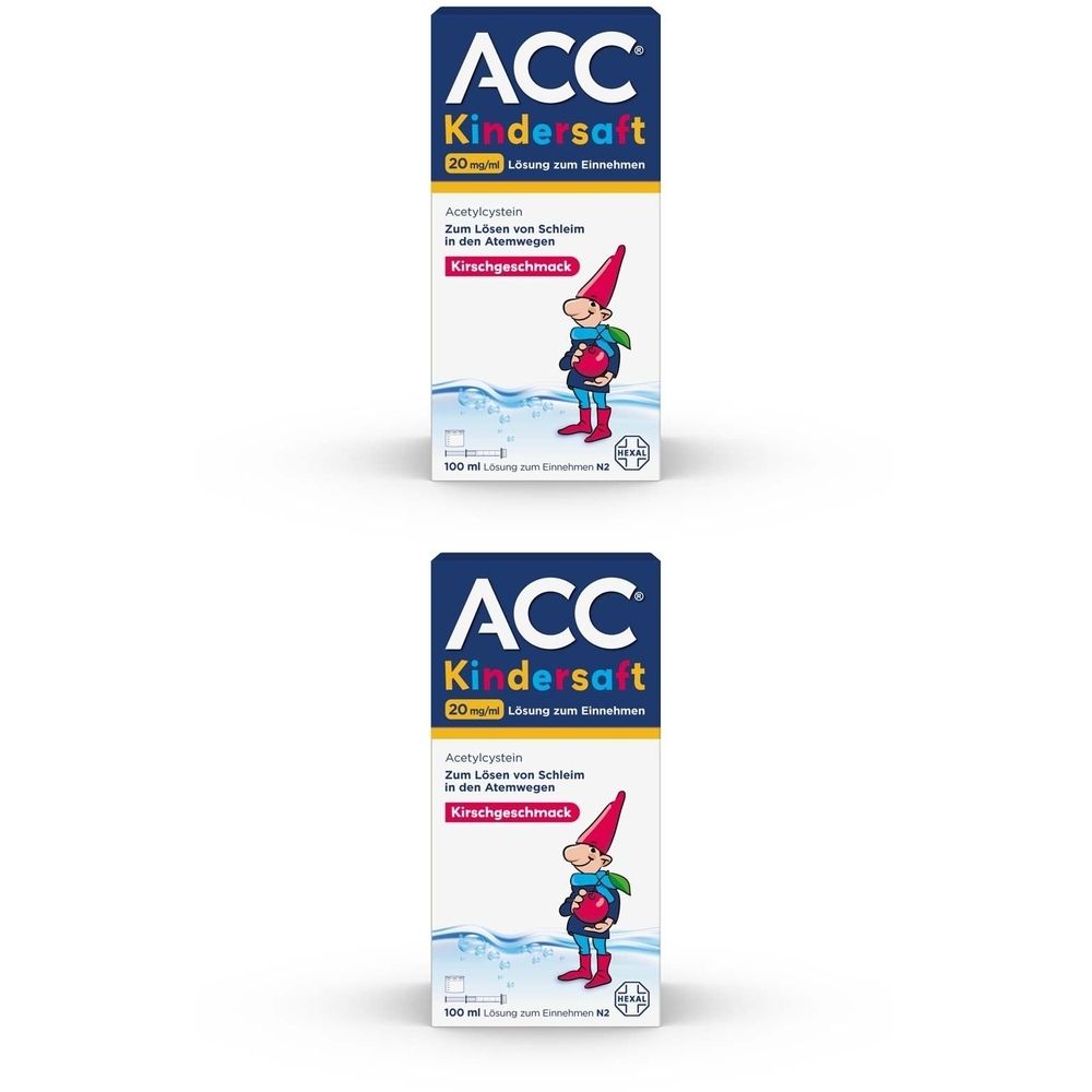 Zwei Kartons ACC Kindersaft. Aufdruck: ACC Kindersaft, 20 mg/ml, Lösung zum Einnehmen, Kirschgeschmack. Abbildung eines Zwergs.