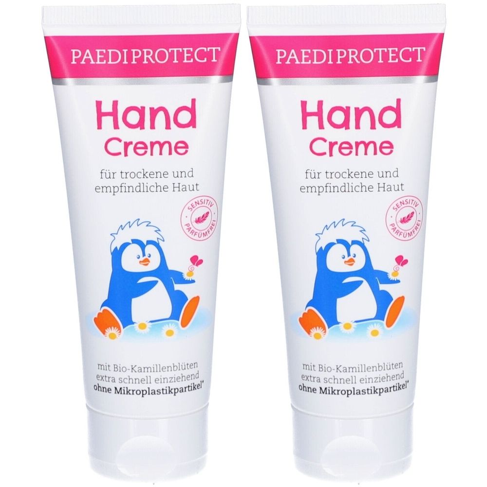 Zwei Tuben Handcreme mit Pinguin-Illustration. Aufschrift: PAEDIPROTECT, Hand Creme, für trockene und empfindliche Haut.