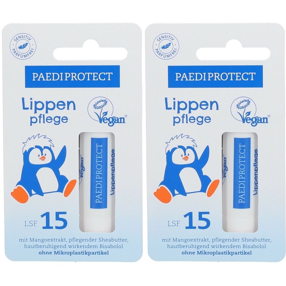 Zwei Lippenpflege-Stifte in Blisterverpackung. Aufschrift: PAEDIPROTECT, Lippenpflege, LSF 15, Vegan. Abbildung eines Pinguins.