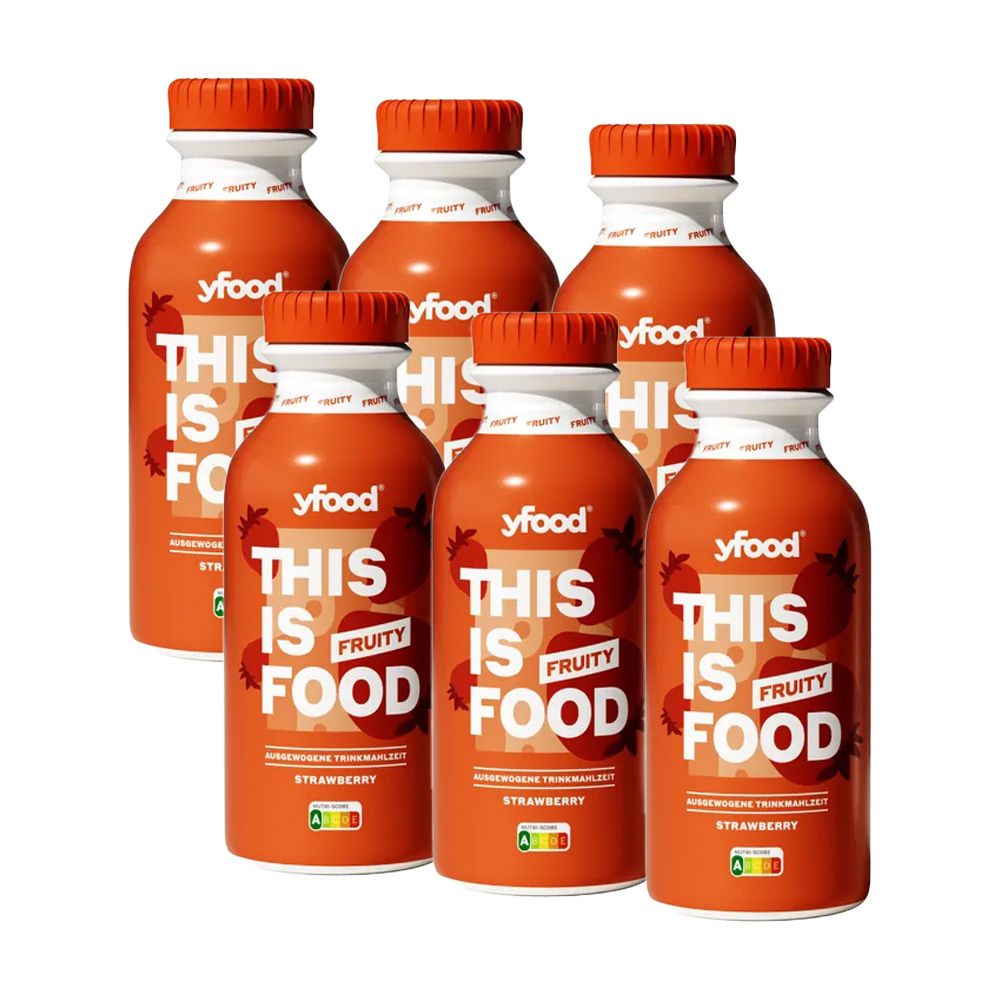Six bouteilles yfood Fruity Strawberry. Bouteilles orange avec bouchon blanc. Inscription : THIS IS FOOD, FRUITY, fraise.